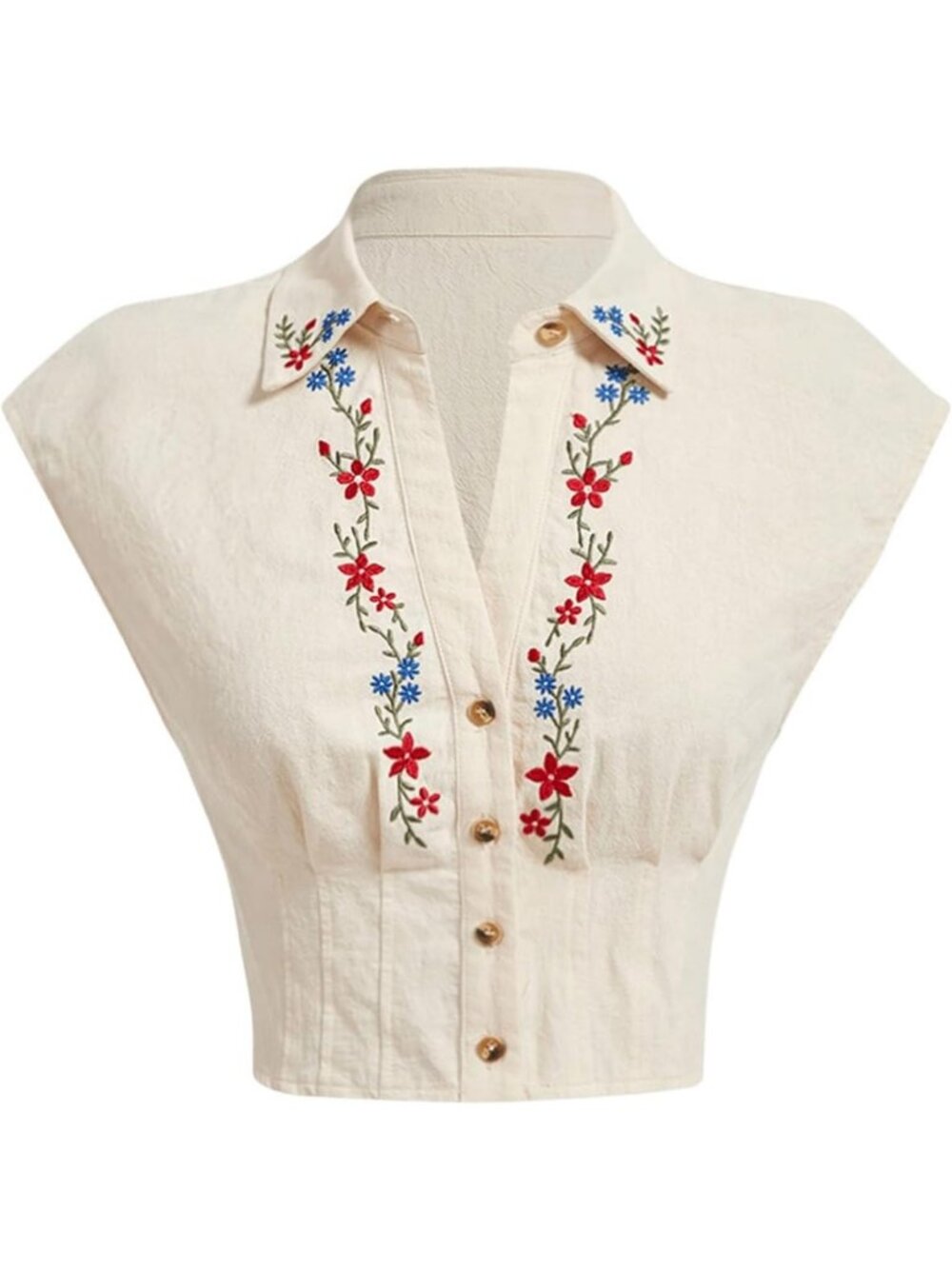 Floral Embroidered Boho Blouse with Cap Sleeves & Smocked Collar - Crop Top